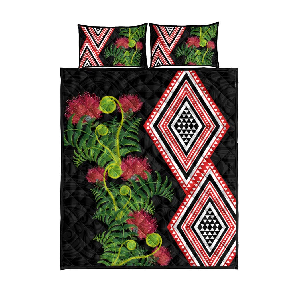 Aotearoa Tukutuku Motif Quilt Bed Set Pohutukawa and Fern Leaves LT03 - Polynesian Pride