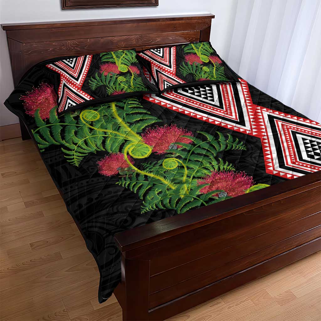 Aotearoa Tukutuku Motif Quilt Bed Set Pohutukawa and Fern Leaves LT03 - Polynesian Pride