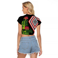 Aotearoa Tukutuku Motif Raglan Cropped T Shirt Pohutukawa and Fern Leaves LT03 - Polynesian Pride
