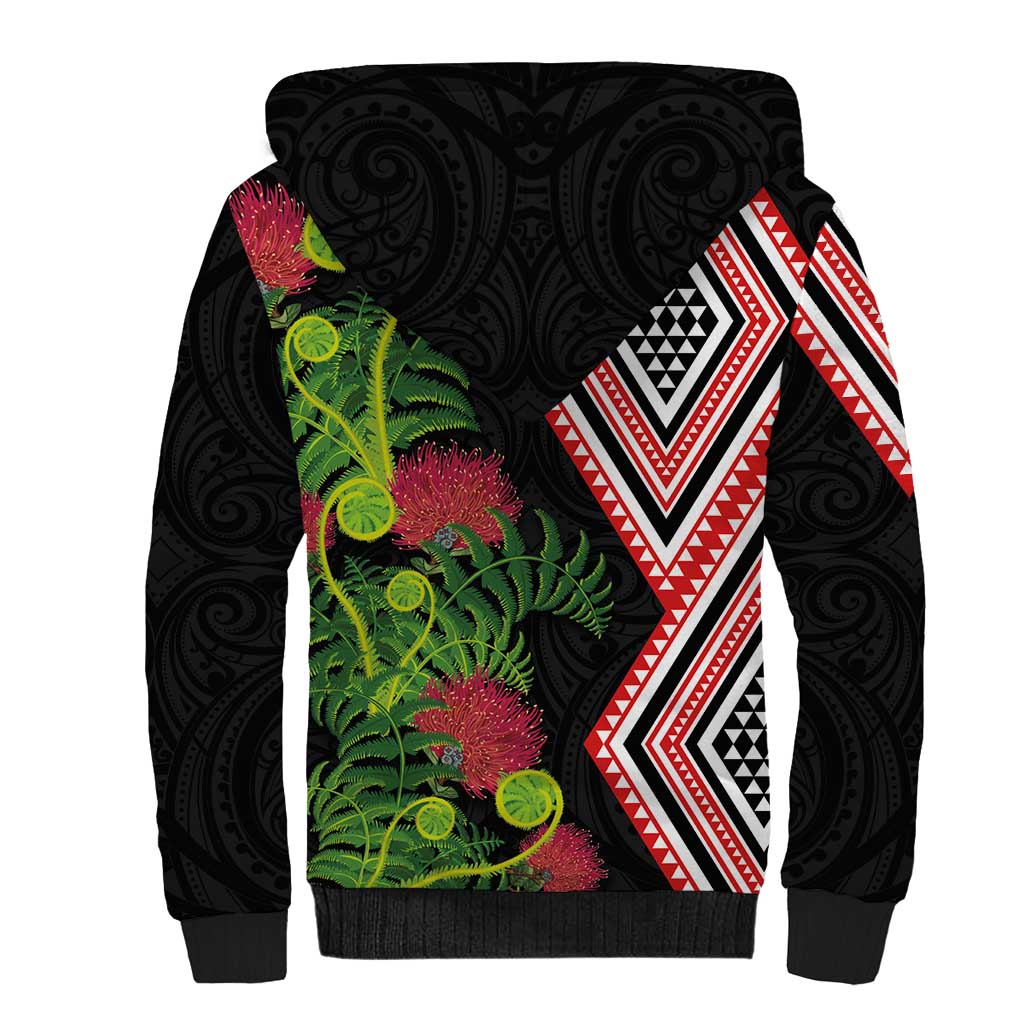 Aotearoa Tukutuku Motif Sherpa Hoodie Pohutukawa and Fern Leaves LT03 - Polynesian Pride