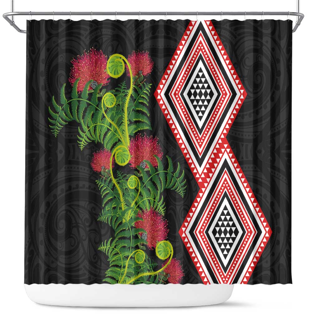 Aotearoa Tukutuku Motif Shower Curtain Pohutukawa and Fern Leaves LT03 Black - Polynesian Pride