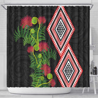 Aotearoa Tukutuku Motif Shower Curtain Pohutukawa and Fern Leaves LT03 - Polynesian Pride