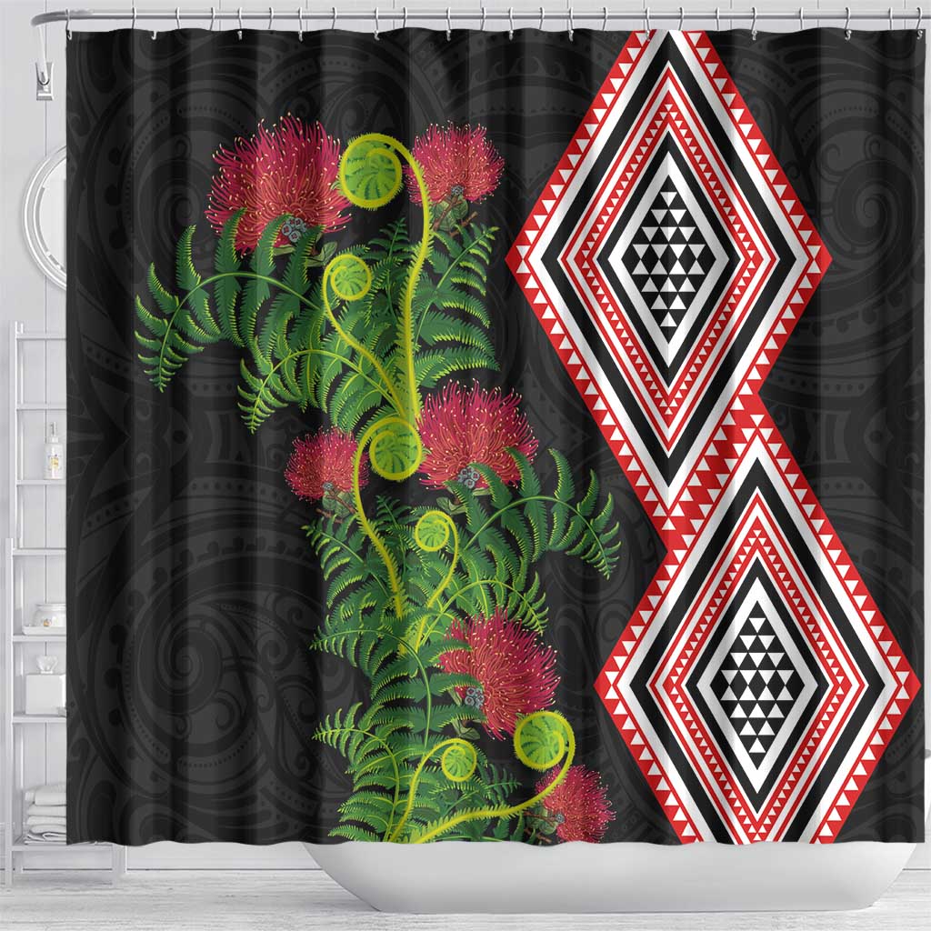 Aotearoa Tukutuku Motif Shower Curtain Pohutukawa and Fern Leaves LT03 - Polynesian Pride