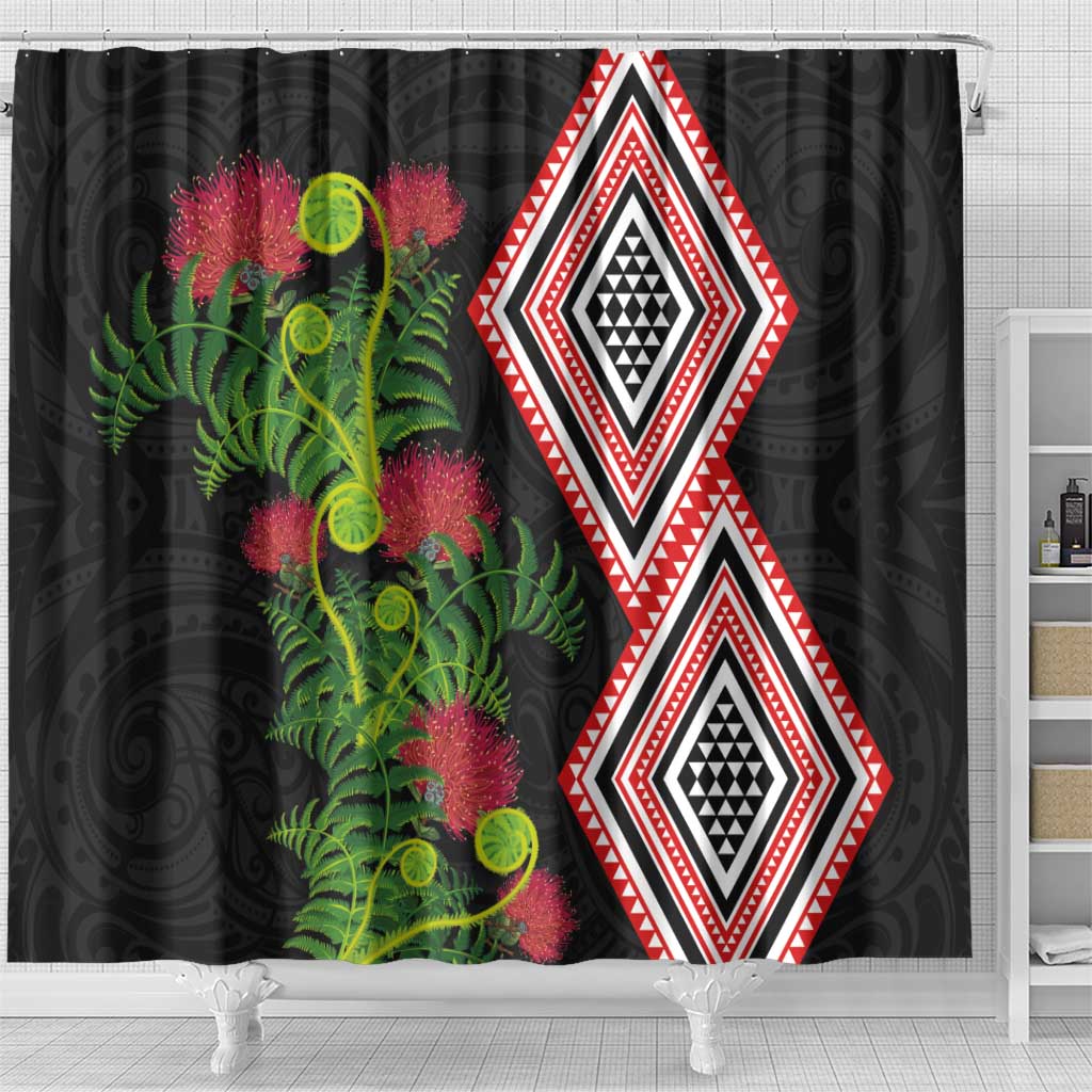 Aotearoa Tukutuku Motif Shower Curtain Pohutukawa and Fern Leaves LT03 - Polynesian Pride