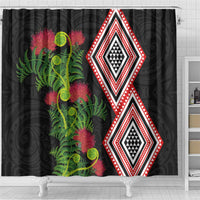 Aotearoa Tukutuku Motif Shower Curtain Pohutukawa and Fern Leaves LT03 - Polynesian Pride
