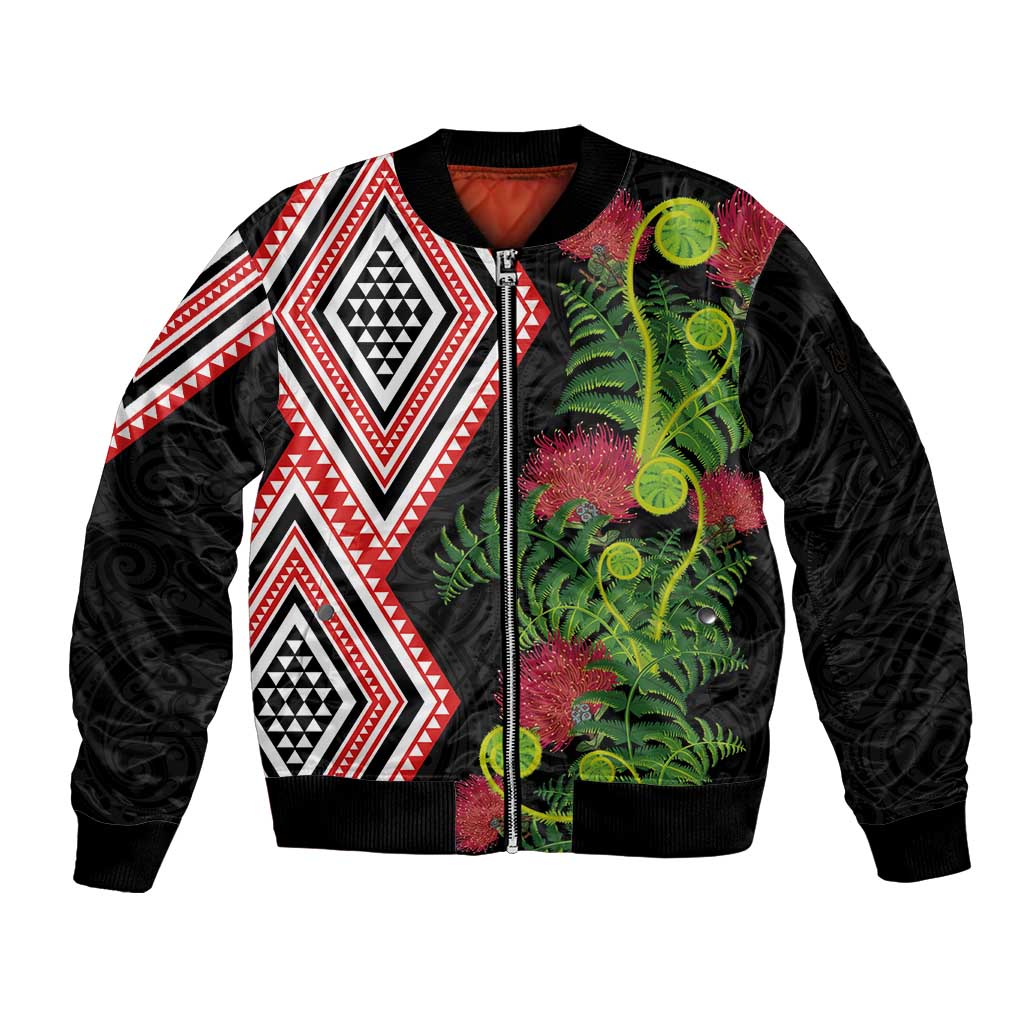 Aotearoa Tukutuku Motif Sleeve Zip Bomber Jacket Pohutukawa and Fern Leaves LT03 Unisex Black - Polynesian Pride