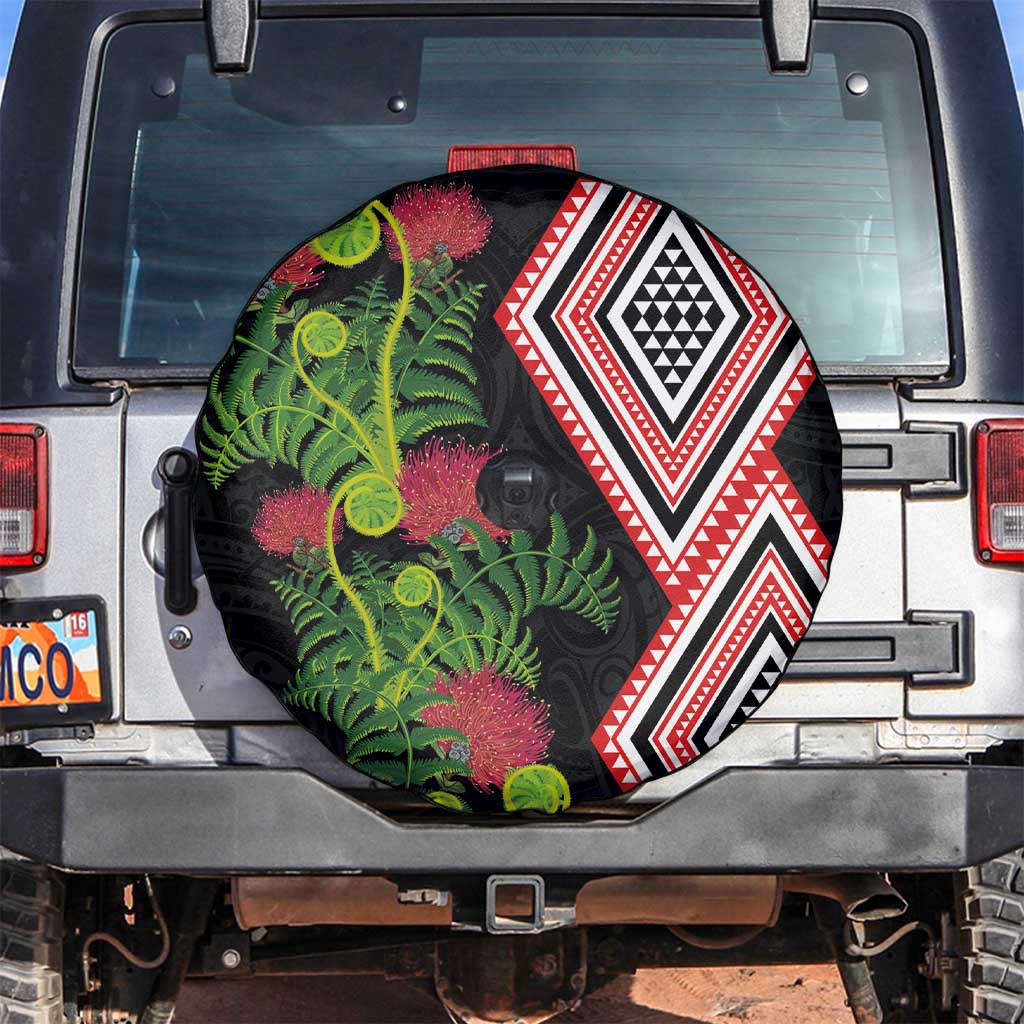 Aotearoa Tukutuku Motif Spare Tire Cover Pohutukawa and Fern Leaves LT03 Black - Polynesian Pride