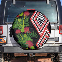 Aotearoa Tukutuku Motif Spare Tire Cover Pohutukawa and Fern Leaves LT03 Black - Polynesian Pride