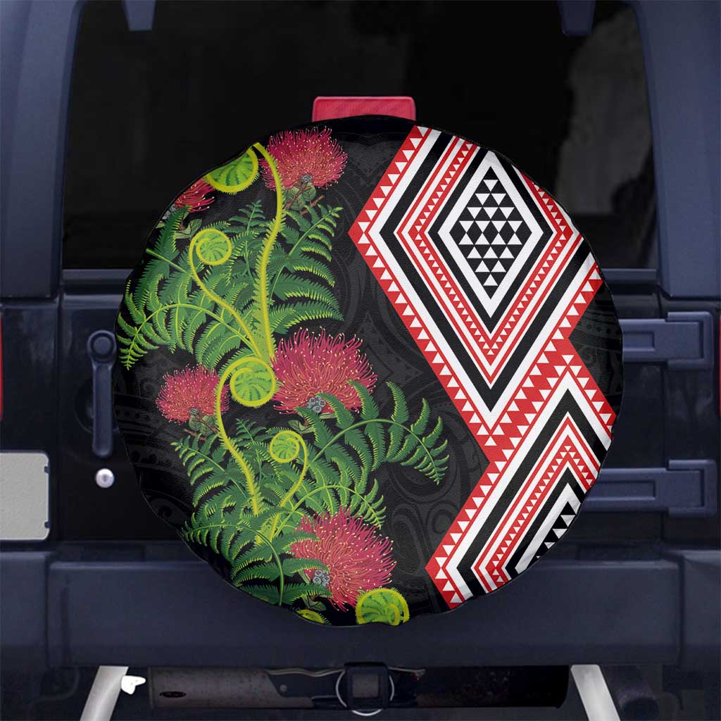 Aotearoa Tukutuku Motif Spare Tire Cover Pohutukawa and Fern Leaves LT03 No hole Black - Polynesian Pride