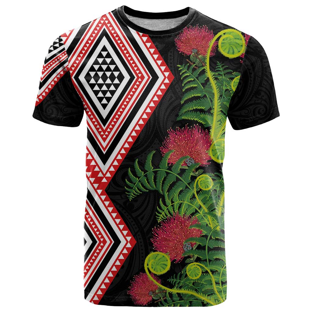 Aotearoa Tukutuku Motif T Shirt Pohutukawa and Fern Leaves LT03 Black - Polynesian Pride