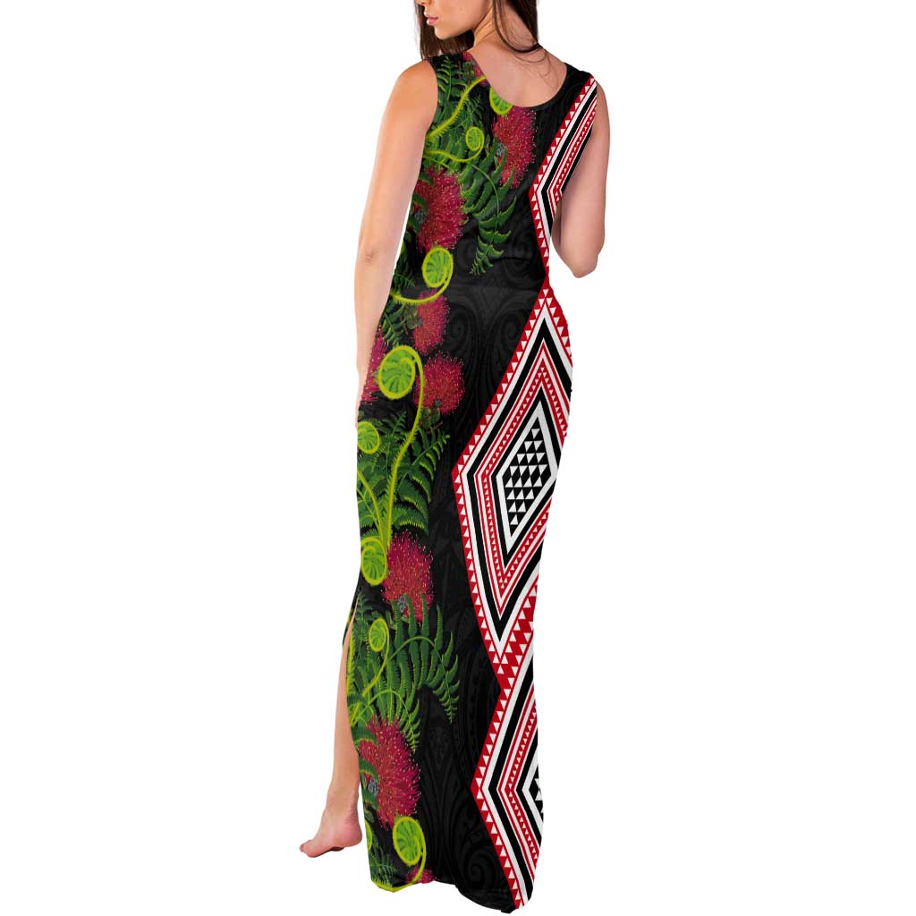 Aotearoa Tukutuku Motif Tank Maxi Dress Pohutukawa and Fern Leaves LT03 - Polynesian Pride