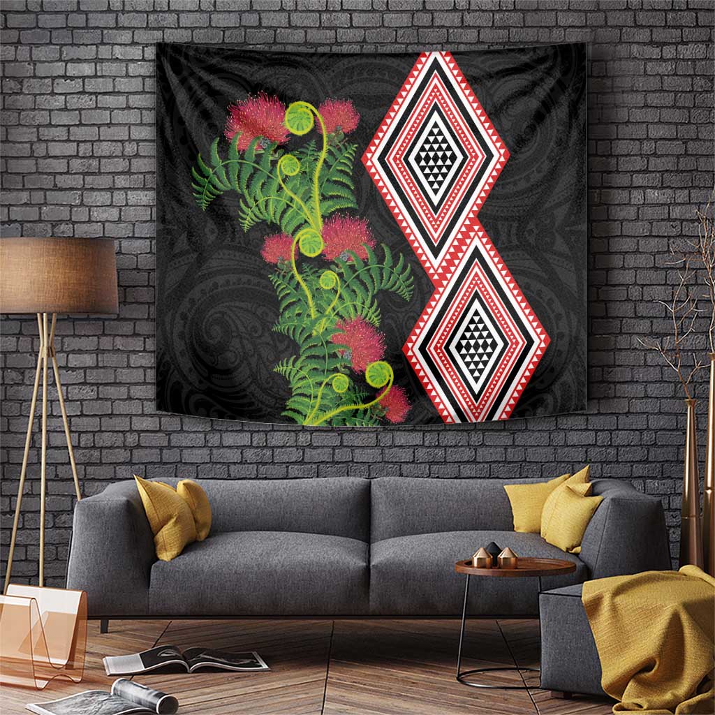 Aotearoa Tukutuku Motif Tapestry Pohutukawa and Fern Leaves LT03 Black - Polynesian Pride