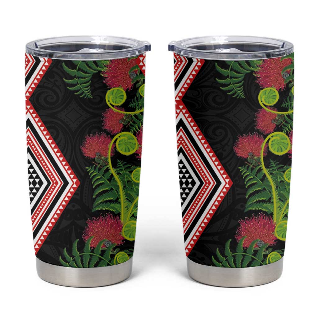 Aotearoa Tukutuku Motif Tumbler Cup Pohutukawa and Fern Leaves LT03 Black - Polynesian Pride