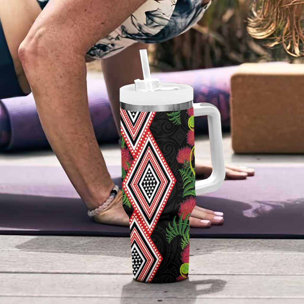 Aotearoa Tukutuku Motif Tumbler With Handle Pohutukawa and Fern Leaves LT03 - Polynesian Pride