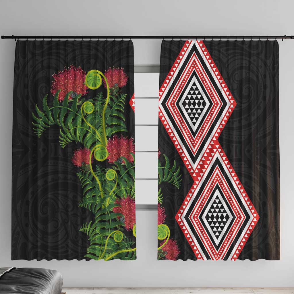 Aotearoa Tukutuku Motif Window Curtain Pohutukawa and Fern Leaves LT03 With Hooks Black - Polynesian Pride