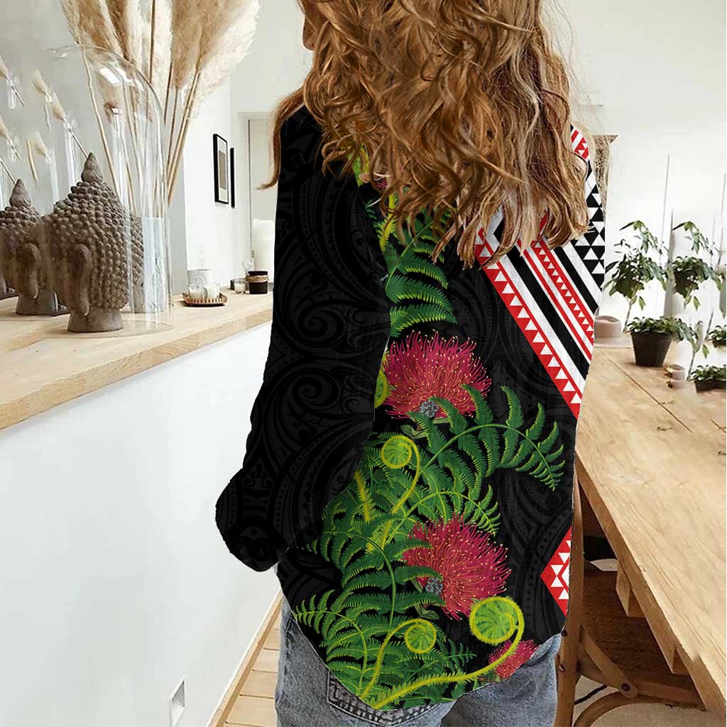 Aotearoa Tukutuku Motif Women Casual Shirt Pohutukawa and Fern Leaves LT03 - Polynesian Pride