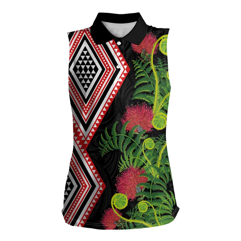 Aotearoa Tukutuku Motif Women Sleeveless Polo Shirt Pohutukawa and Fern Leaves LT03 Female Black - Polynesian Pride