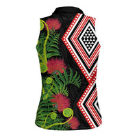Aotearoa Tukutuku Motif Women Sleeveless Polo Shirt Pohutukawa and Fern Leaves LT03 - Polynesian Pride