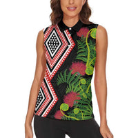 Aotearoa Tukutuku Motif Women Sleeveless Polo Shirt Pohutukawa and Fern Leaves LT03 - Polynesian Pride