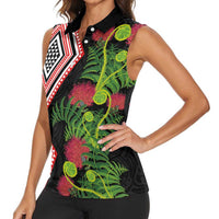 Aotearoa Tukutuku Motif Women Sleeveless Polo Shirt Pohutukawa and Fern Leaves LT03 - Polynesian Pride
