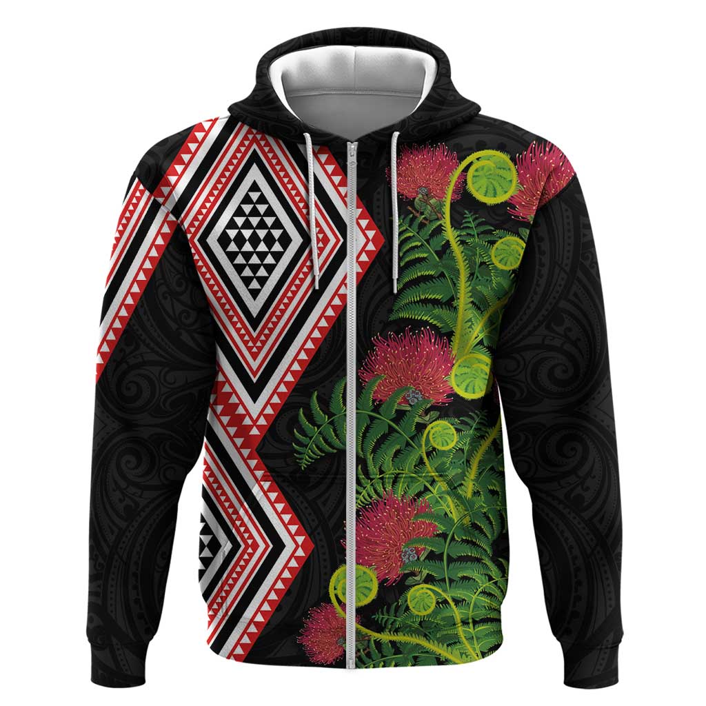 Aotearoa Tukutuku Motif Zip Hoodie Pohutukawa and Fern Leaves LT03 Zip Hoodie Black - Polynesian Pride