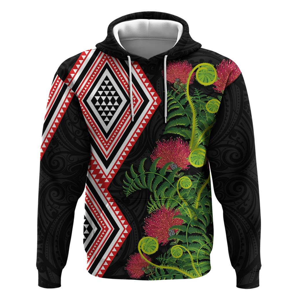 Aotearoa Tukutuku Motif Zip Hoodie Pohutukawa and Fern Leaves LT03 Pullover Hoodie Black - Polynesian Pride