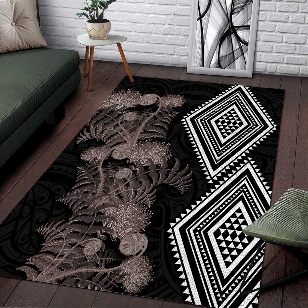 Aotearoa Tukutuku Motif Area Rug Pohutukawa and Fern Leaves Grayscale Color LT03 Black - Polynesian Pride