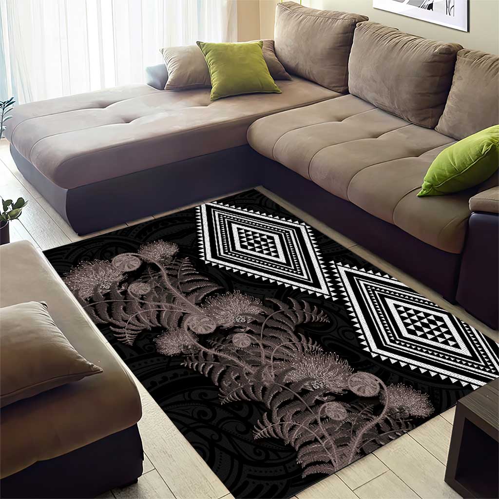 Aotearoa Tukutuku Motif Area Rug Pohutukawa and Fern Leaves Grayscale Color LT03 - Polynesian Pride
