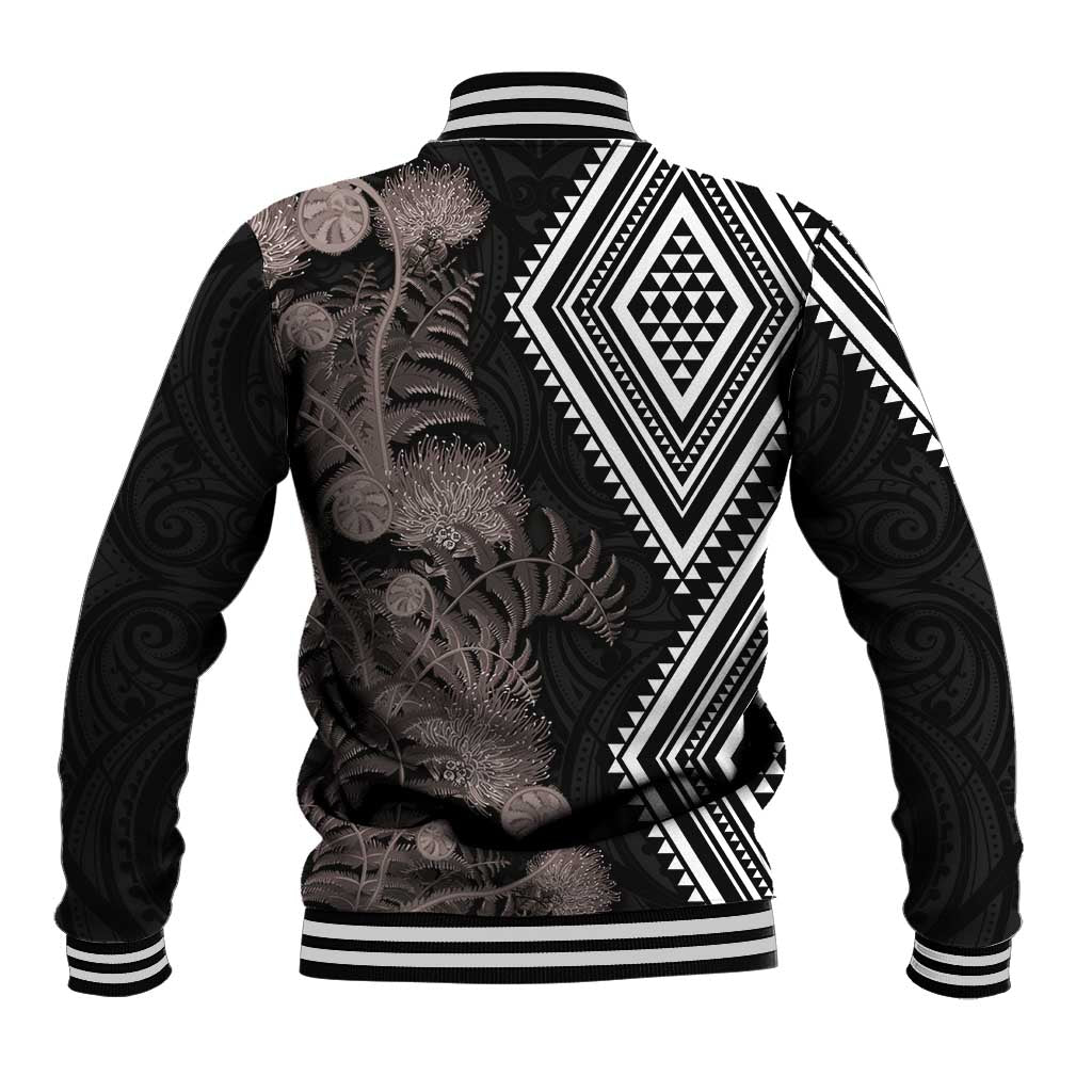 Aotearoa Tukutuku Motif Baseball Jacket Pohutukawa and Fern Leaves Grayscale Color LT03 - Polynesian Pride