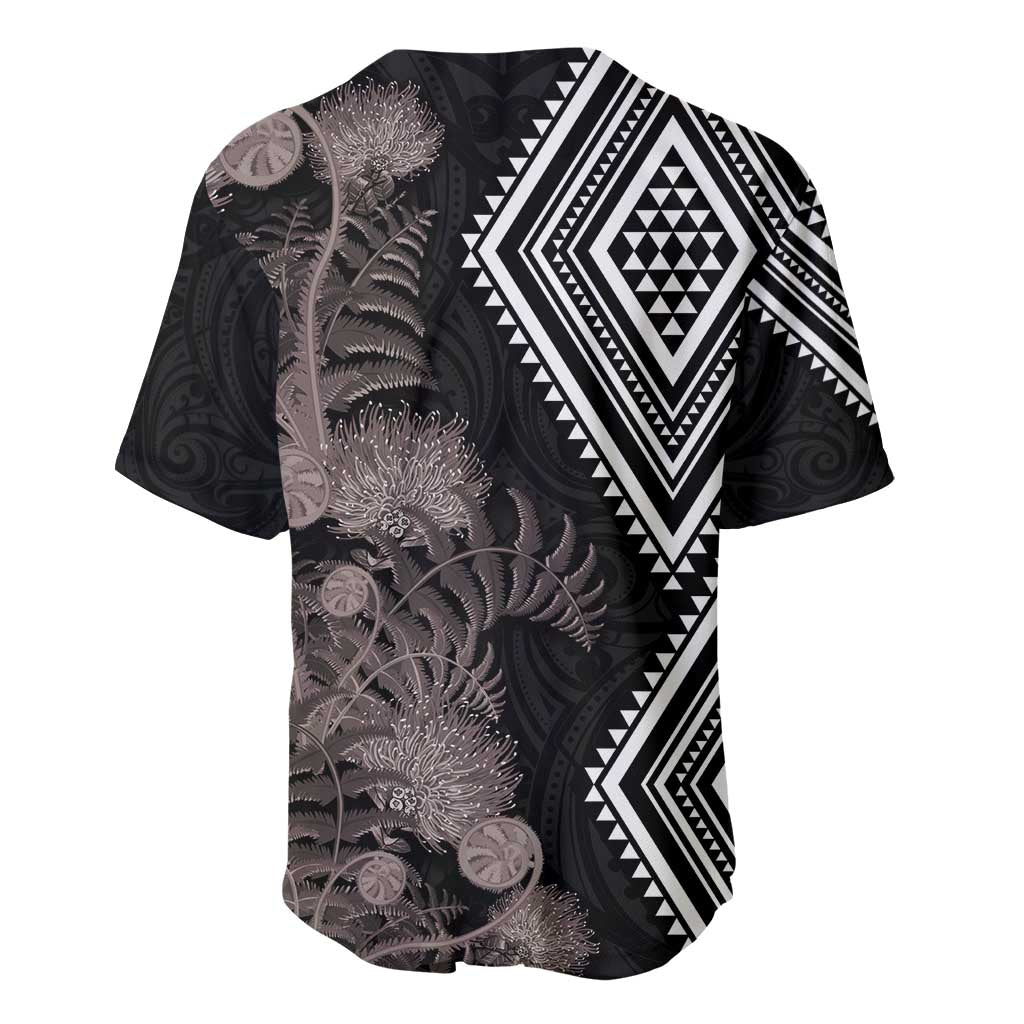 Aotearoa Tukutuku Motif Baseball Jersey Pohutukawa and Fern Leaves Grayscale Color LT03 - Polynesian Pride