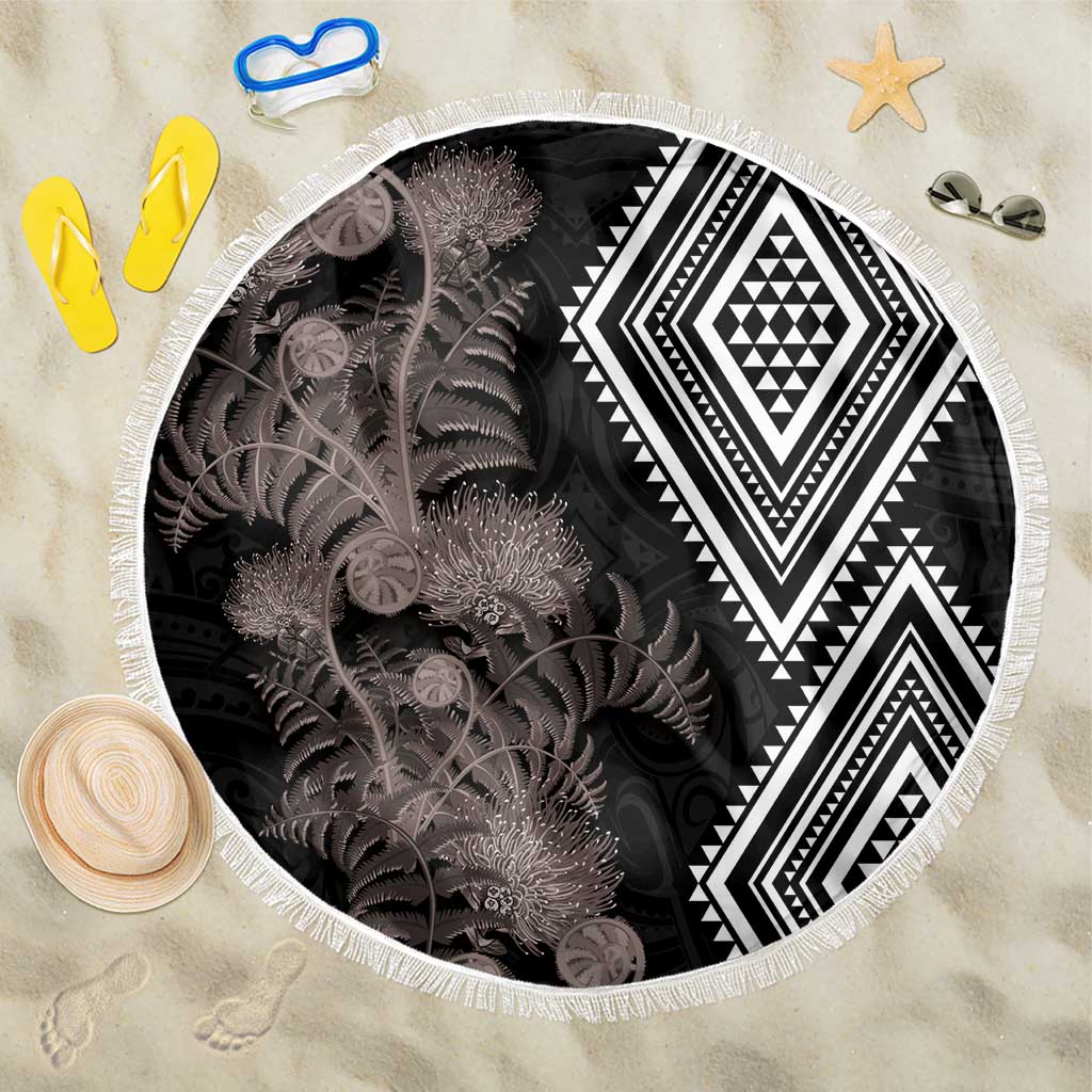 Aotearoa Tukutuku Motif Beach Blanket Pohutukawa and Fern Leaves Grayscale Color LT03 One Size 150cm Black - Polynesian Pride