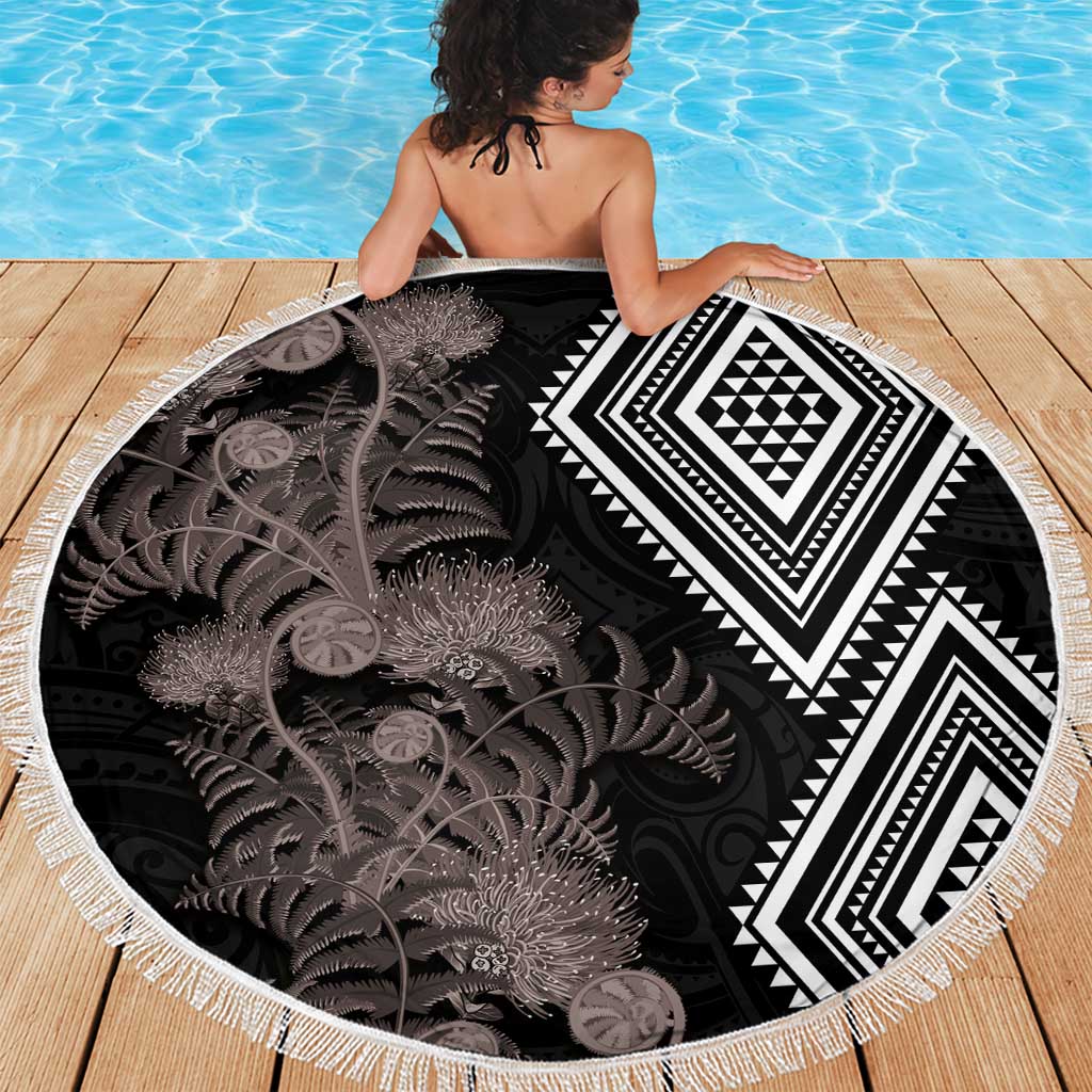 Aotearoa Tukutuku Motif Beach Blanket Pohutukawa and Fern Leaves Grayscale Color LT03 - Polynesian Pride