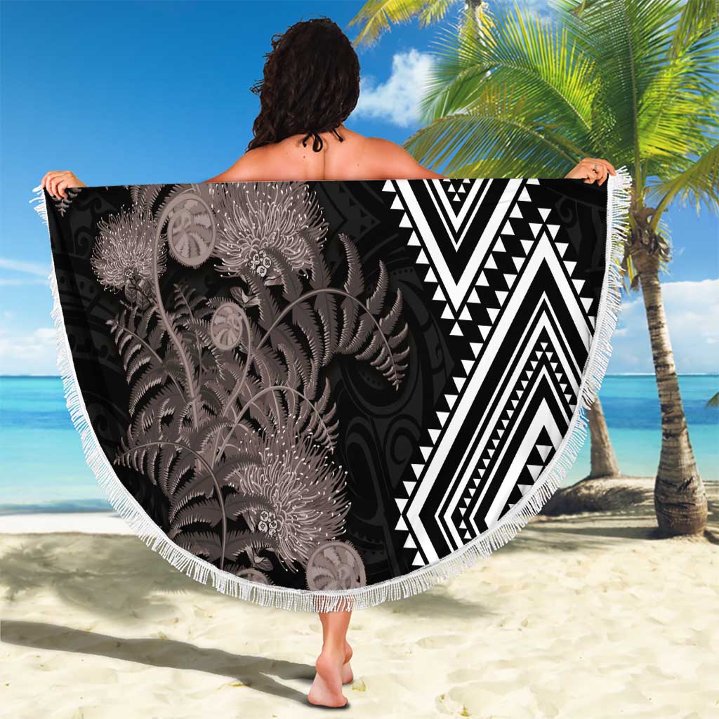 Aotearoa Tukutuku Motif Beach Blanket Pohutukawa and Fern Leaves Grayscale Color LT03 - Polynesian Pride