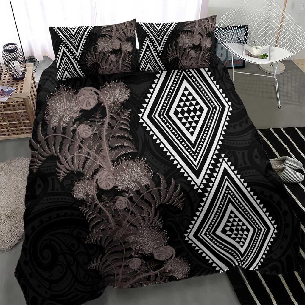 Aotearoa Tukutuku Motif Bedding Set Pohutukawa and Fern Leaves Grayscale Color LT03 - Polynesian Pride