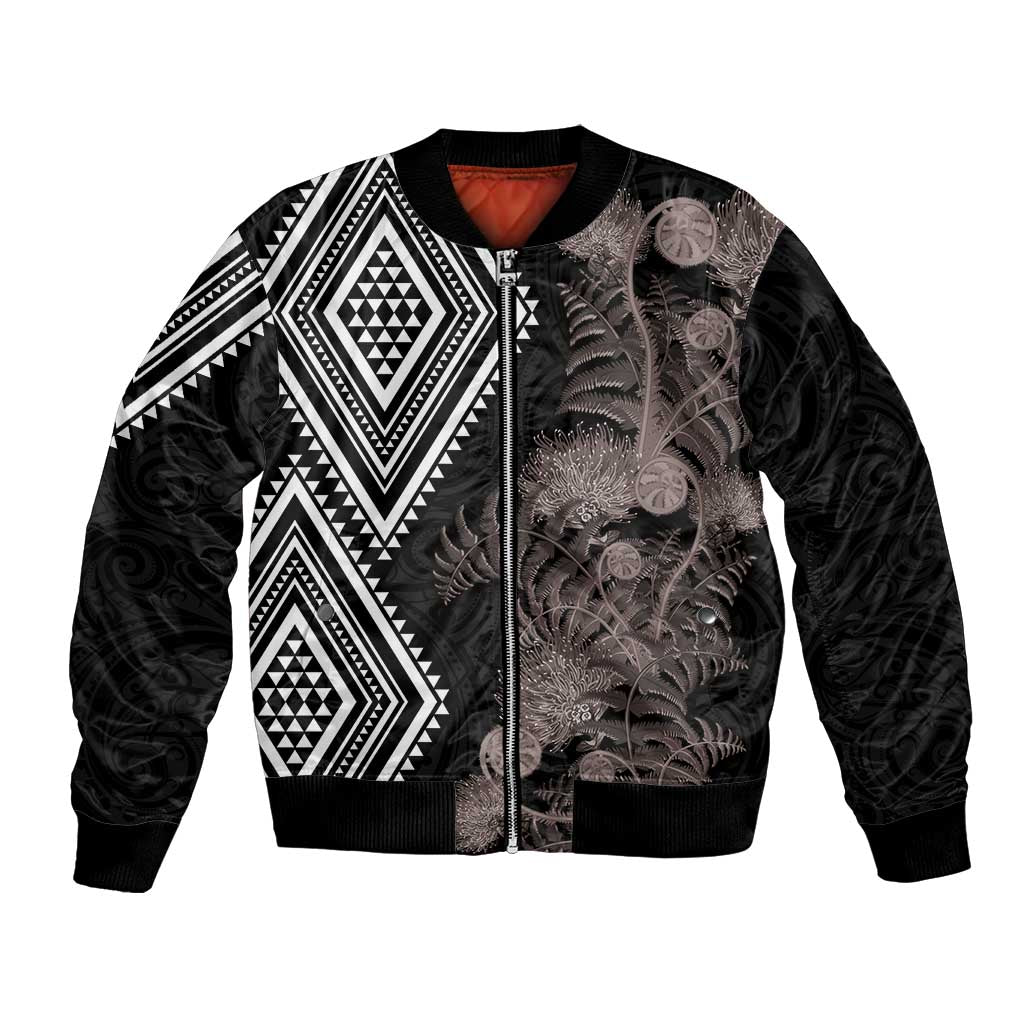 Aotearoa Tukutuku Motif Bomber Jacket Pohutukawa and Fern Leaves Grayscale Color LT03 Unisex Black - Polynesian Pride