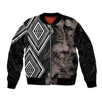 Aotearoa Tukutuku Motif Bomber Jacket Pohutukawa and Fern Leaves Grayscale Color LT03 Unisex Black - Polynesian Pride