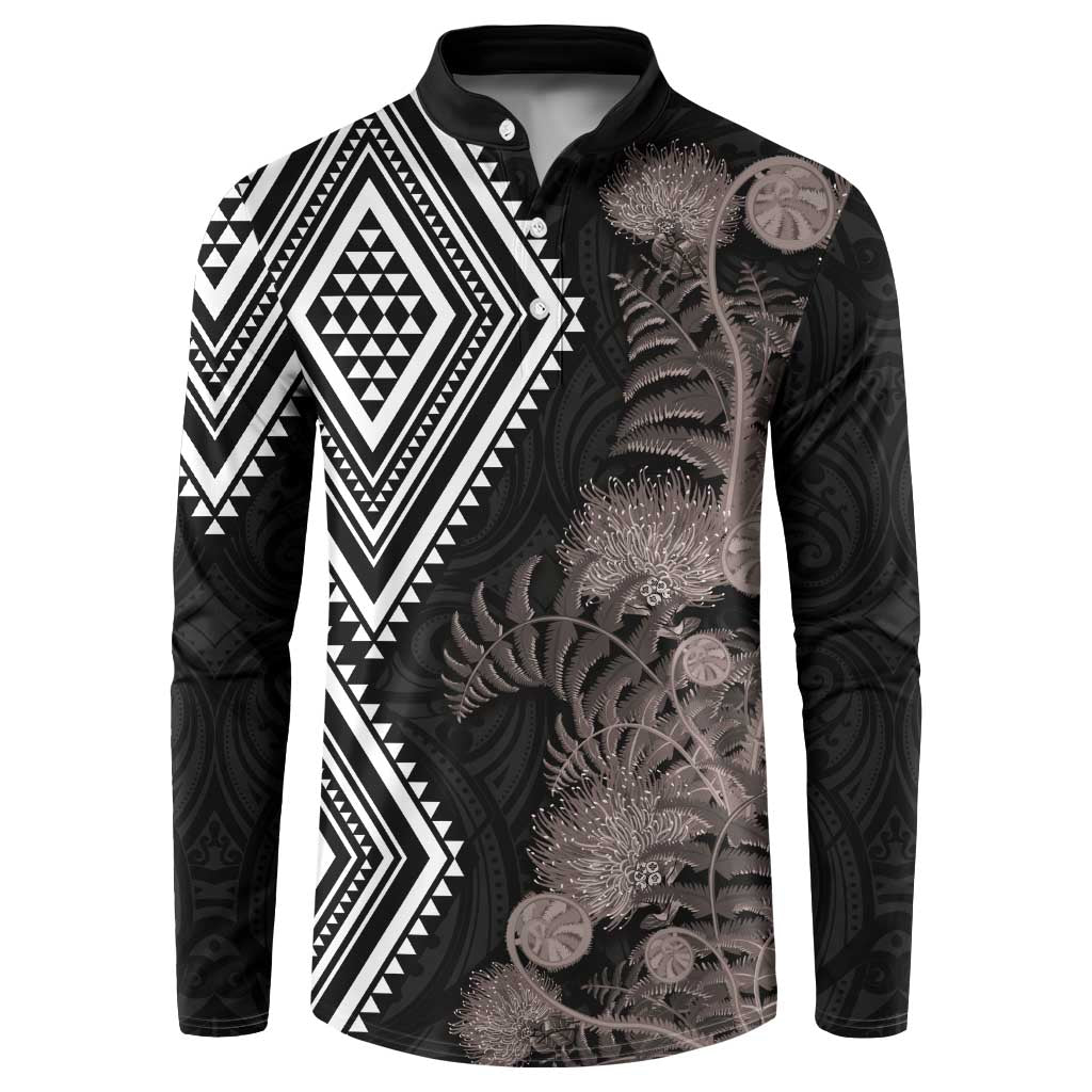 Aotearoa Tukutuku Motif Button Sweatshirt Pohutukawa and Fern Leaves Grayscale Color
