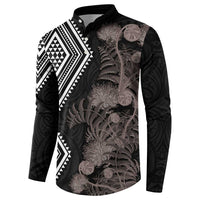 Aotearoa Tukutuku Motif Button Sweatshirt Pohutukawa and Fern Leaves Grayscale Color