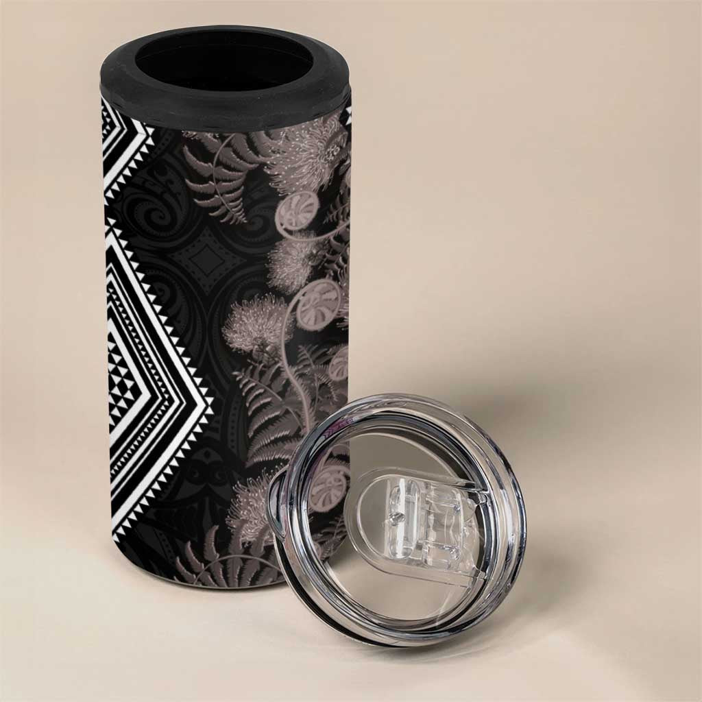 Aotearoa Tukutuku Motif 4 in 1 Can Cooler Tumbler Pohutukawa and Fern Leaves Grayscale Color LT03 - Polynesian Pride