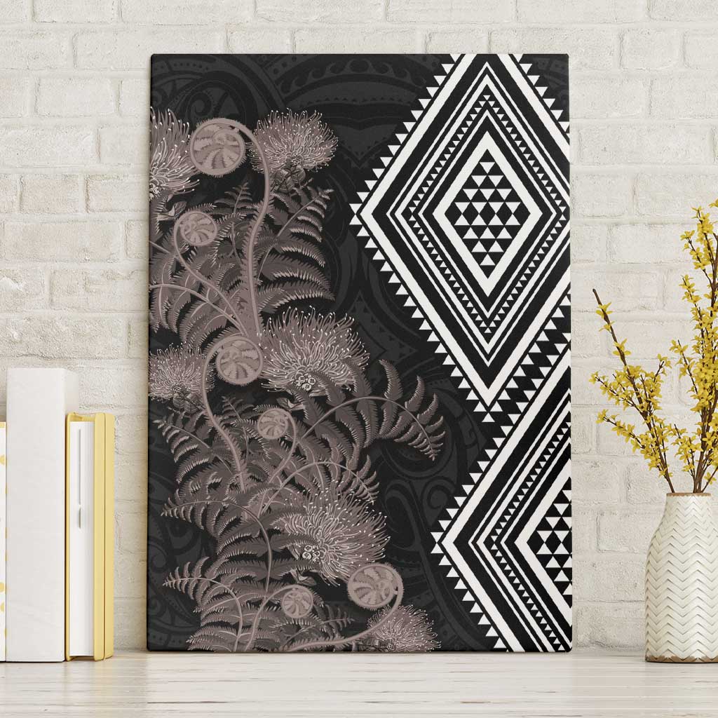 Aotearoa Tukutuku Motif Canvas Wall Art Pohutukawa and Fern Leaves Grayscale Color LT03 Without Frame Black - Polynesian Pride