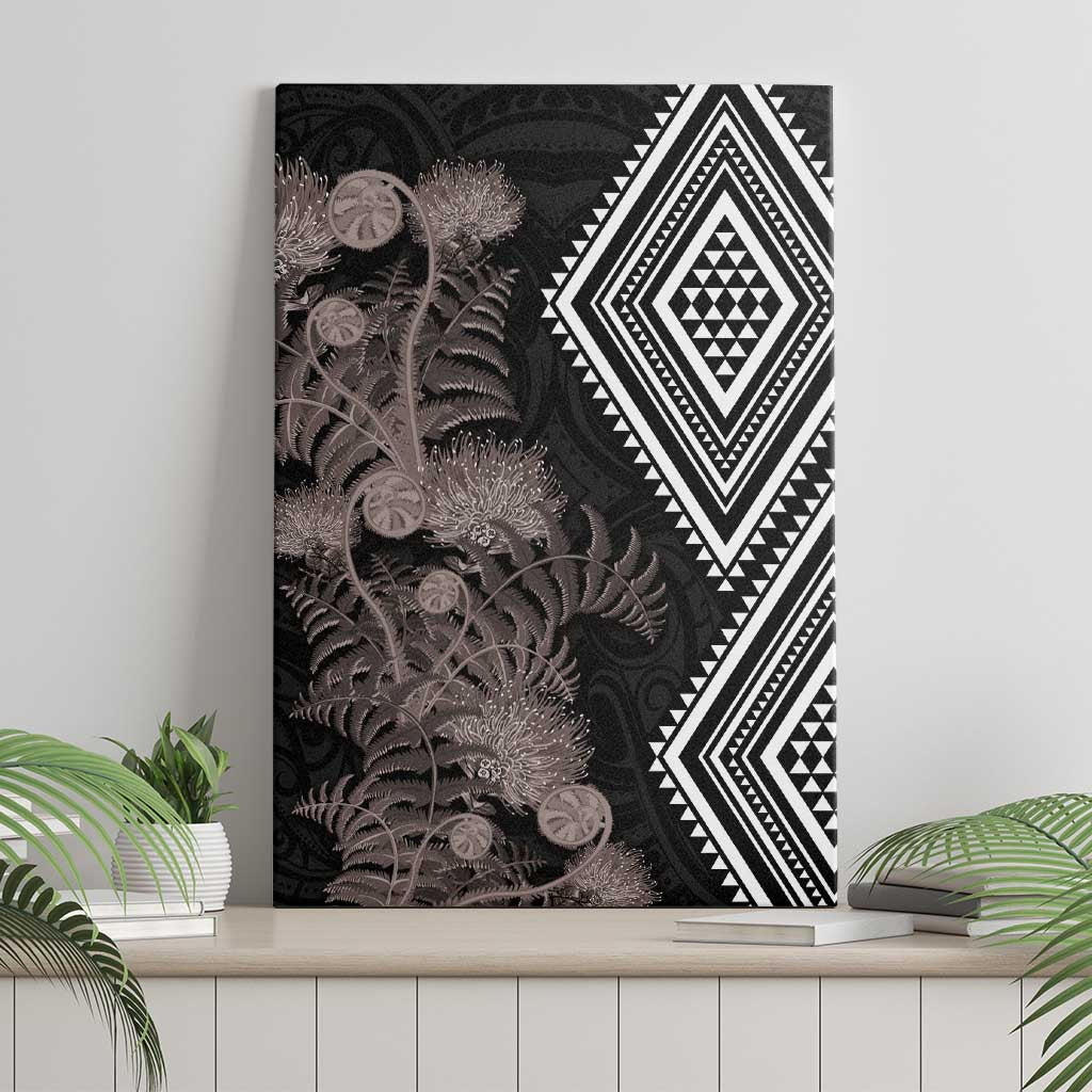 Aotearoa Tukutuku Motif Canvas Wall Art Pohutukawa and Fern Leaves Grayscale Color LT03 - Polynesian Pride