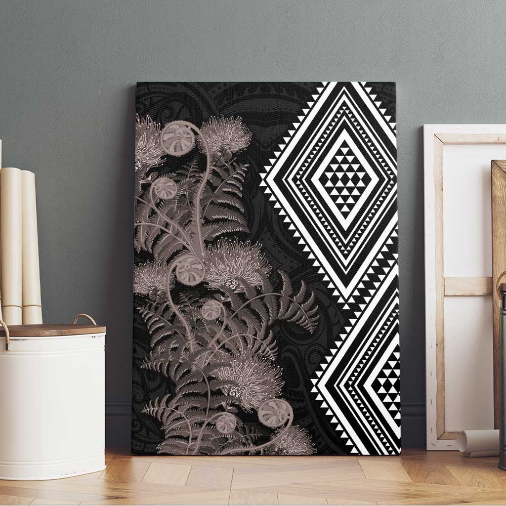 Aotearoa Tukutuku Motif Canvas Wall Art Pohutukawa and Fern Leaves Grayscale Color LT03 - Polynesian Pride