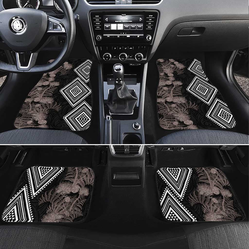 Aotearoa Tukutuku Motif Car Mats Pohutukawa and Fern Leaves Grayscale Color LT03 Set 4pcs Black - Polynesian Pride
