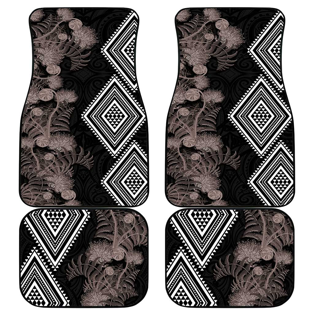 Aotearoa Tukutuku Motif Car Mats Pohutukawa and Fern Leaves Grayscale Color LT03 - Polynesian Pride