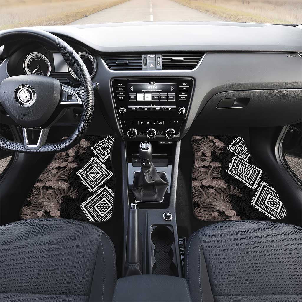 Aotearoa Tukutuku Motif Car Mats Pohutukawa and Fern Leaves Grayscale Color LT03 Set 2pcs - Front Black - Polynesian Pride