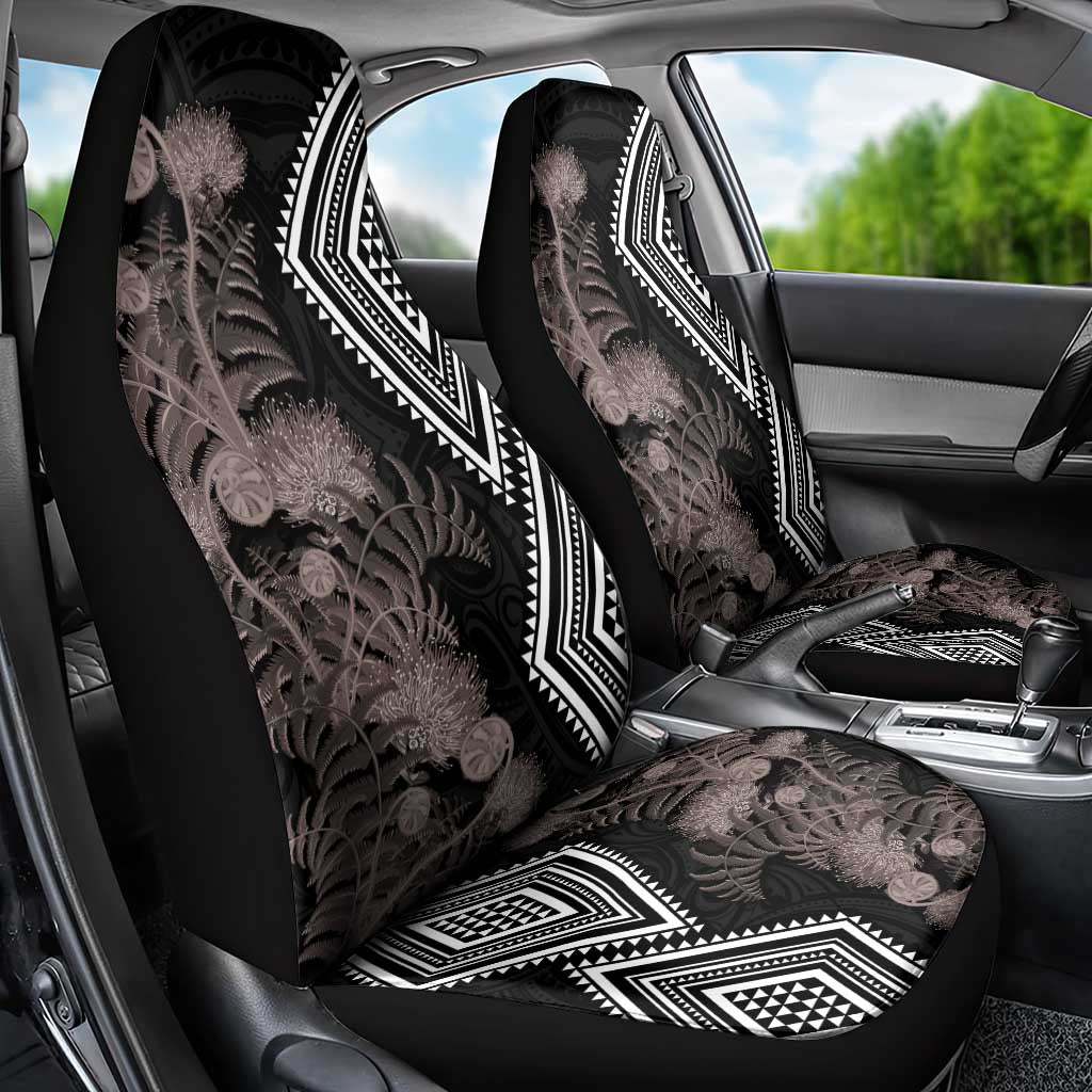Aotearoa Tukutuku Motif Car Seat Cover Pohutukawa and Fern Leaves Grayscale Color LT03 - Polynesian Pride