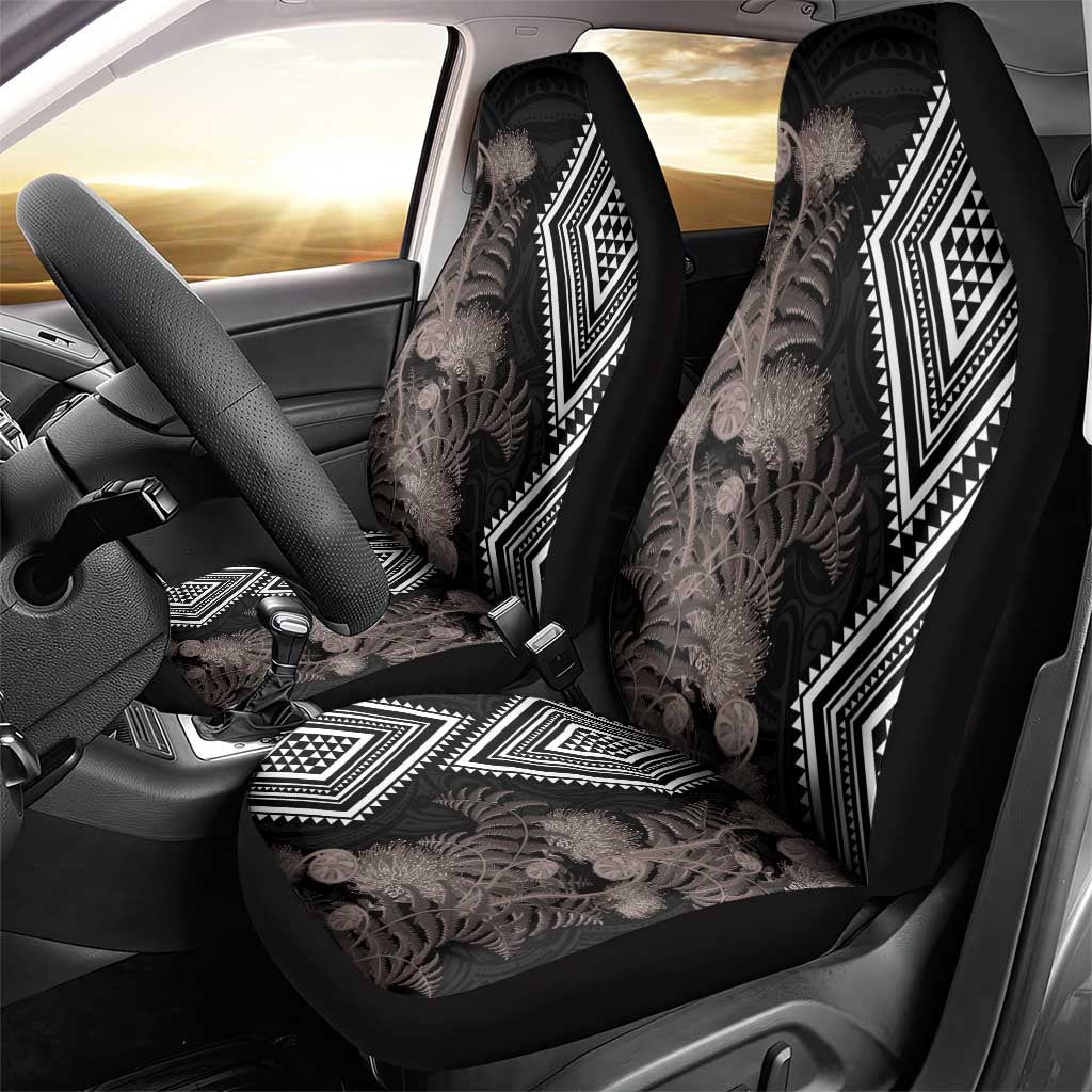 Aotearoa Tukutuku Motif Car Seat Cover Pohutukawa and Fern Leaves Grayscale Color LT03 - Polynesian Pride