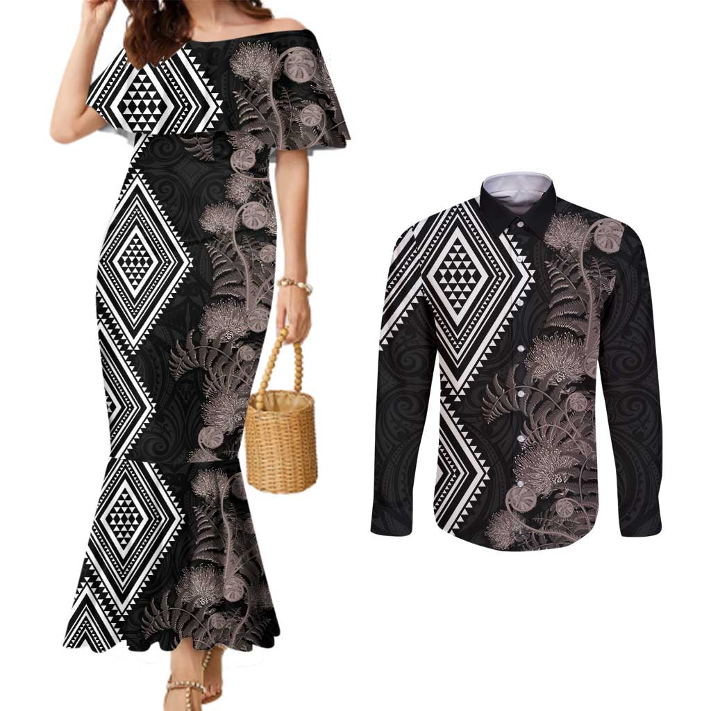 Aotearoa Tukutuku Motif Couples Matching Mermaid Dress and Long Sleeve Button Shirt Pohutukawa and Fern Leaves Grayscale Color LT03 Black - Polynesian Pride