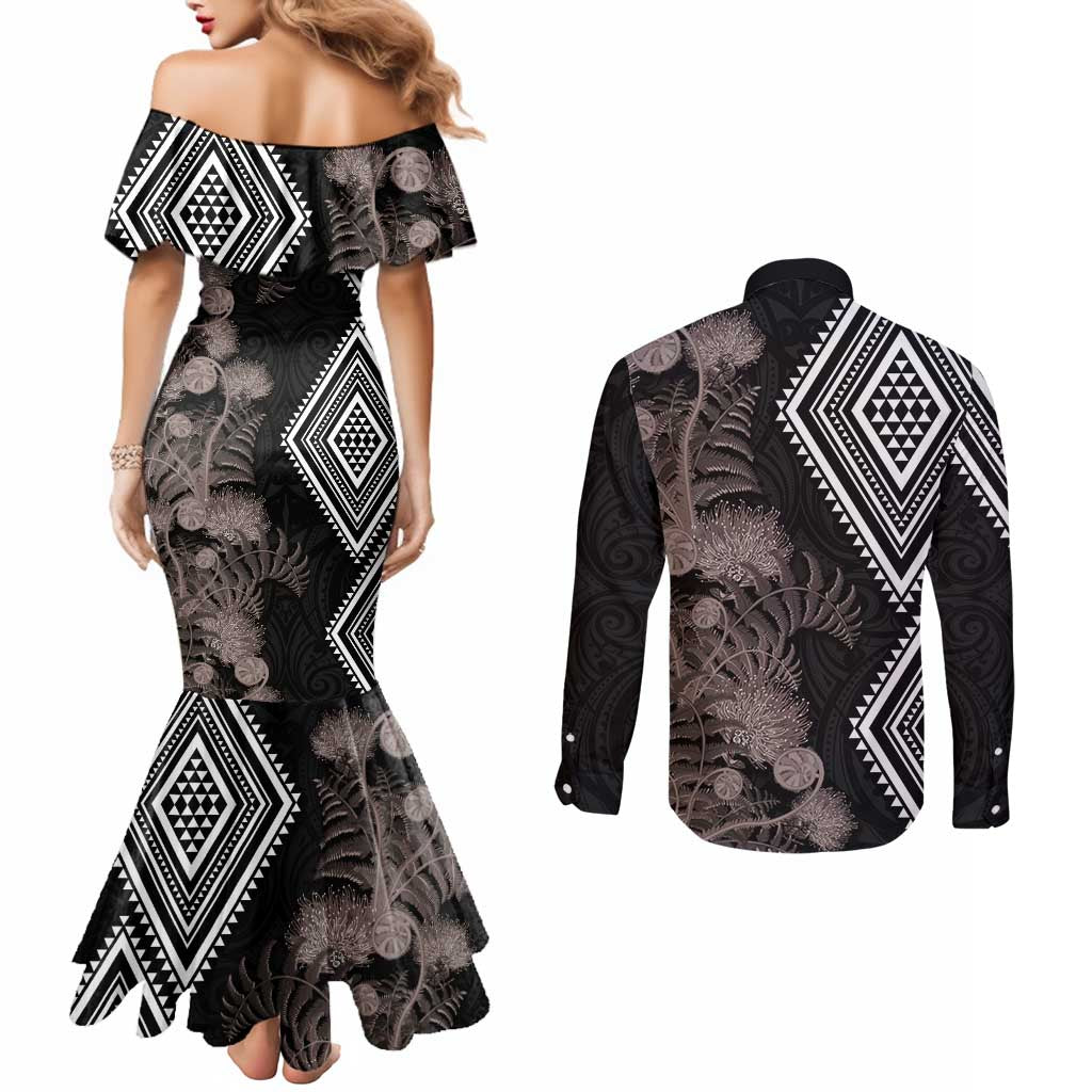 Aotearoa Tukutuku Motif Couples Matching Mermaid Dress and Long Sleeve Button Shirt Pohutukawa and Fern Leaves Grayscale Color LT03 - Polynesian Pride