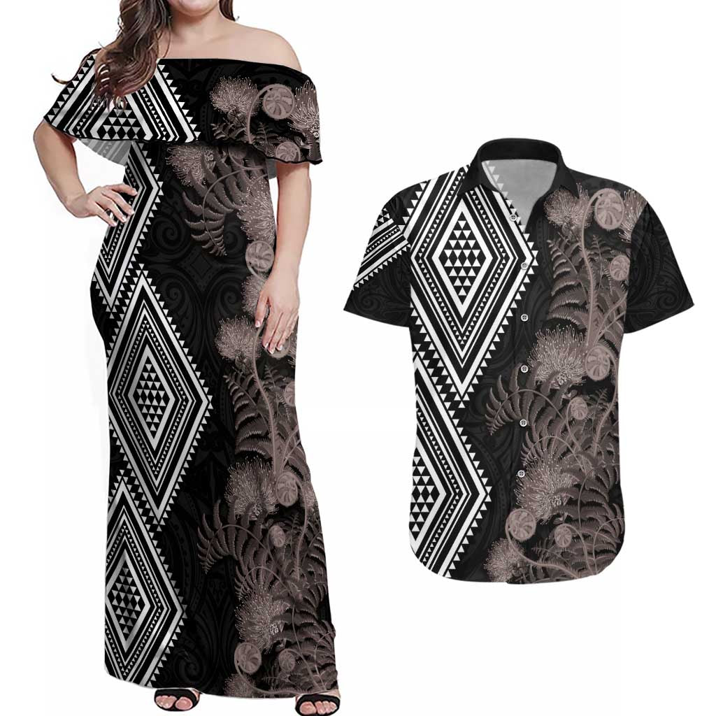 Aotearoa Tukutuku Motif Couples Matching Off Shoulder Maxi Dress and Hawaiian Shirt Pohutukawa and Fern Leaves Grayscale Color LT03 Black - Polynesian Pride